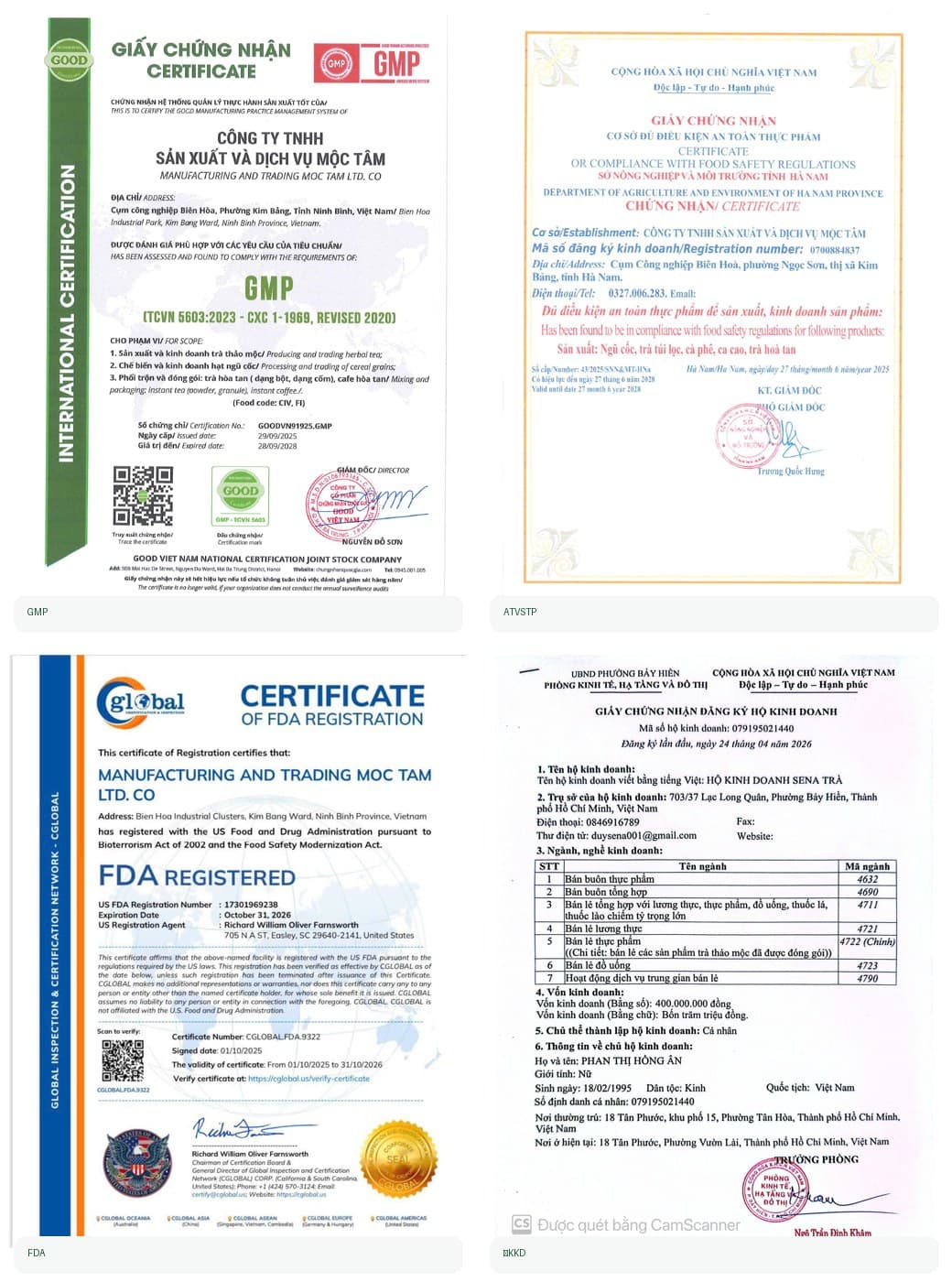 Chứng nhận sản phẩm SENA TRÀ