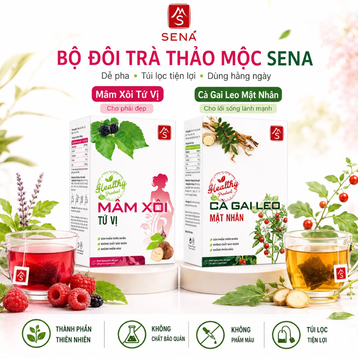 Bộ đôi trà thảo mộc SENA: Mâm Xôi Tứ Vị và Cà Gai Leo Mật Nhân